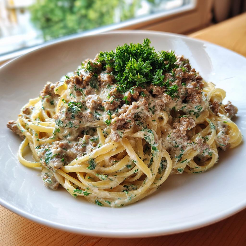 Teller mit cremiger Pasta mit Hackfleisch und Kräuterfrischkäse, üppig garniert mit Petersilie.