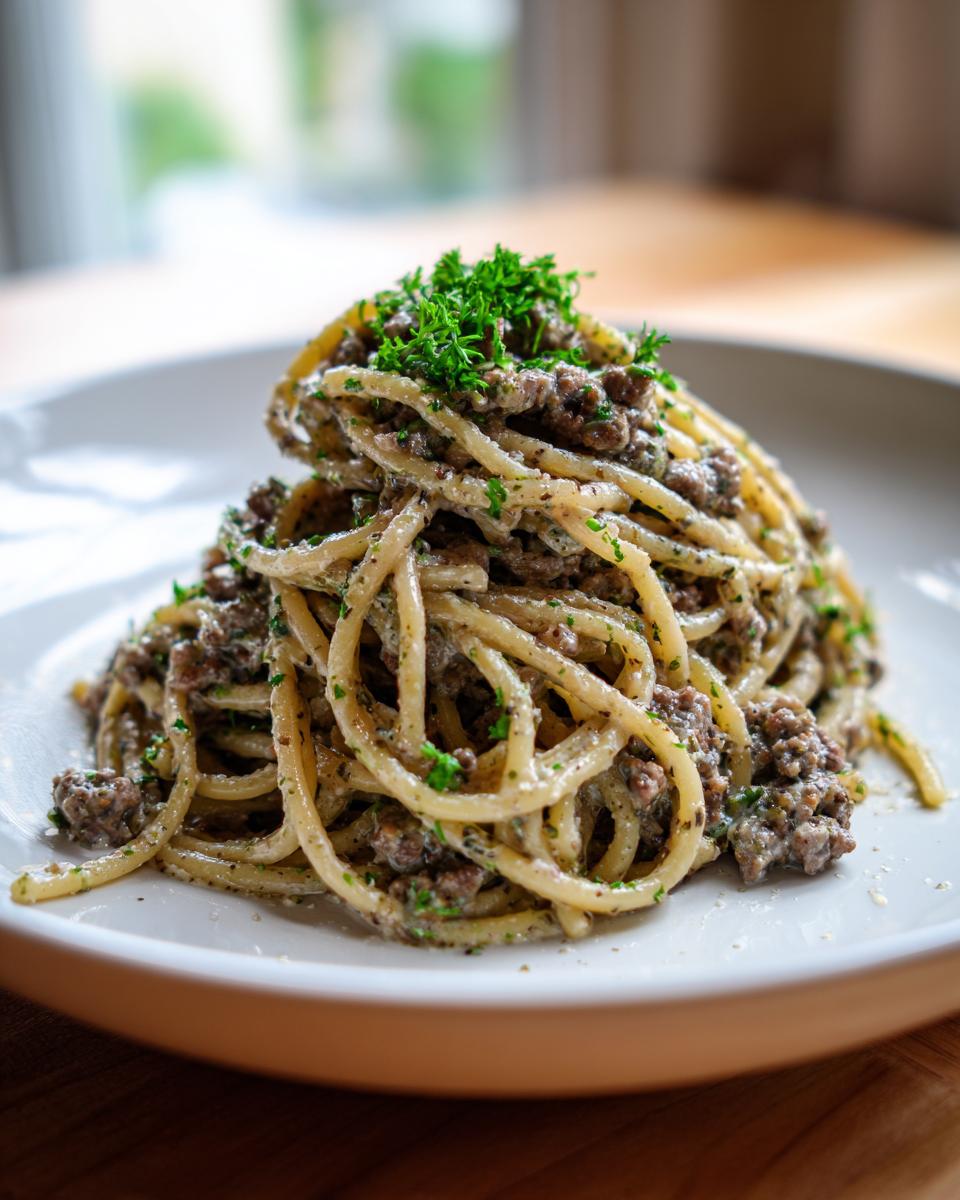 Ein Teller Pasta mit Hackfleisch und Kräuterfrischkäse, garniert mit frischer Petersilie.