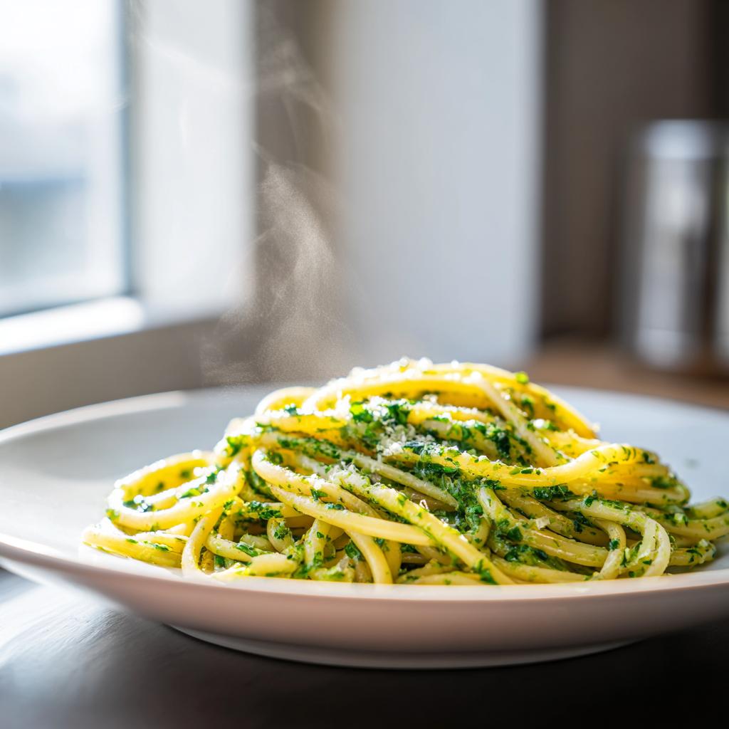 Nahaufnahme von dampfender Pasta mit Kräuterbutter und Käse, appetitlich auf einem weißen Teller angerichtet.