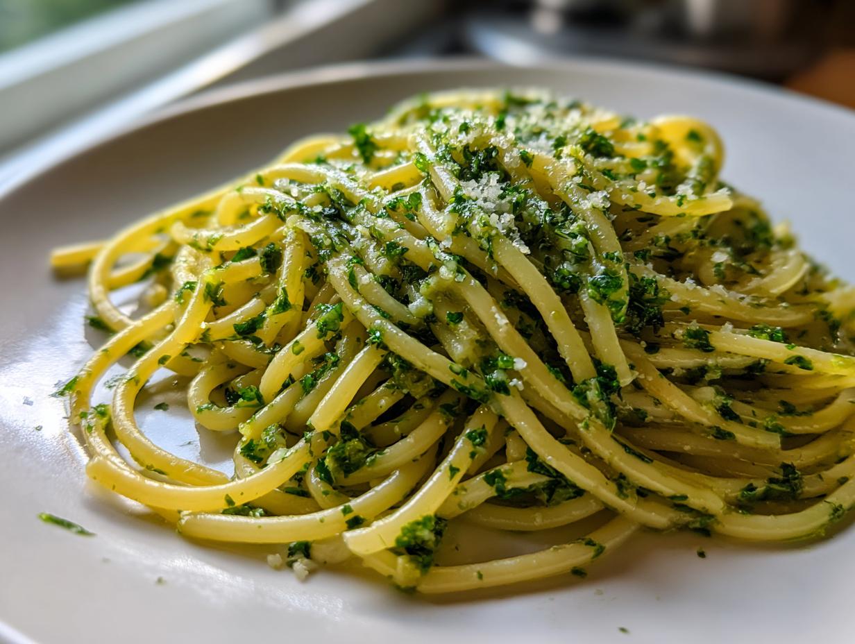 Nahaufnahme von saftigen Spaghetti, verfeinert mit grüner Kräuterbutter und geriebenem Käse – perfekt für Pasta mit Kräuterbutter und Käse.