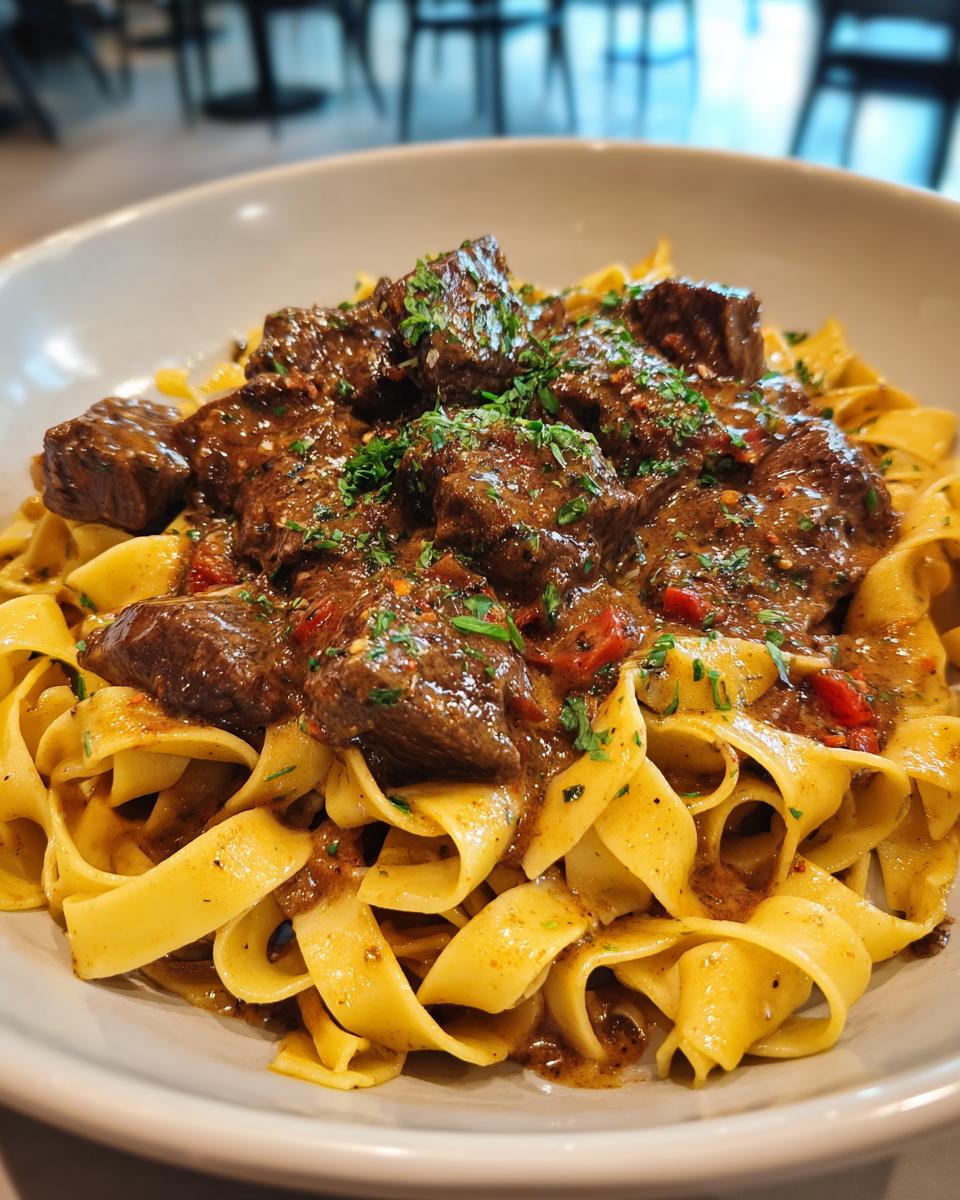 Nahaufnahme von Pasta mit Rinderfiletspitzen in Pfefferrahmsauce, garniert mit Petersilie.