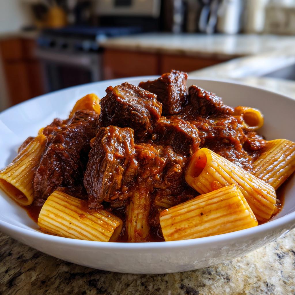 Nahaufnahme von Pasta mit Rindergulasch-Sauce mit großen Fleischstücken in einer weißen Schüssel.