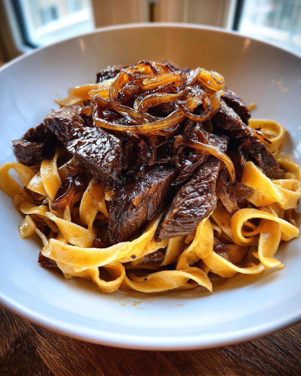 Nahaufnahme von Pasta mit Steak und karamellisierten Zwiebeln in einer weißen Schüssel.
