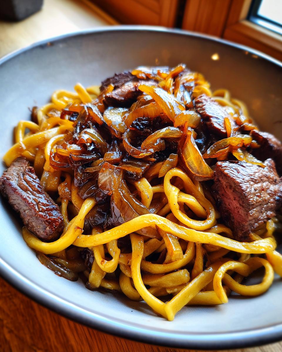 Nahaufnahme einer Schüssel Pasta mit Steakstücken und reichlich karamellisierten Zwiebeln.