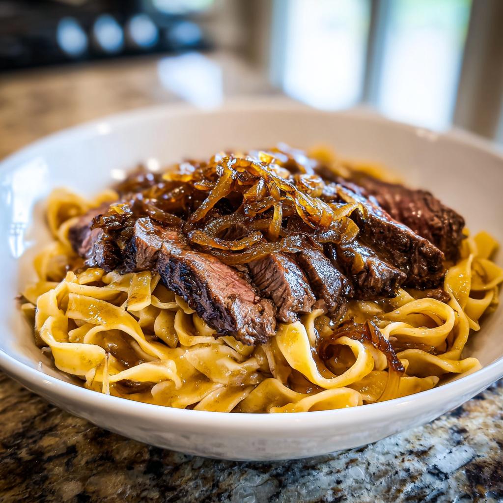 Nahaufnahme von Pasta mit Steak und karamellisierten Zwiebeln in einer weißen Schüssel.