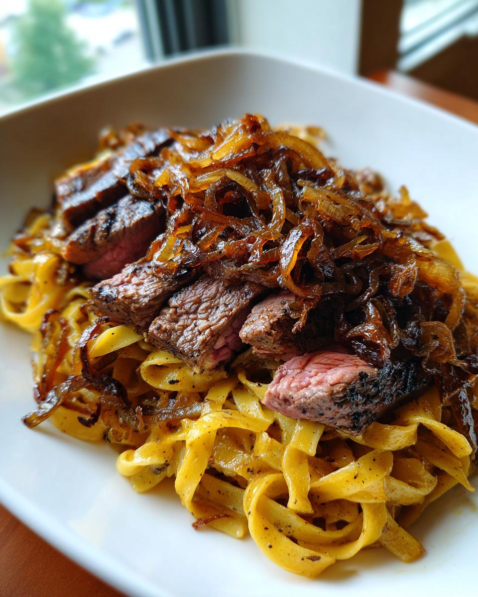 Nahaufnahme von Pasta mit Steak und einer großzügigen Portion karamellisierten Zwiebeln.