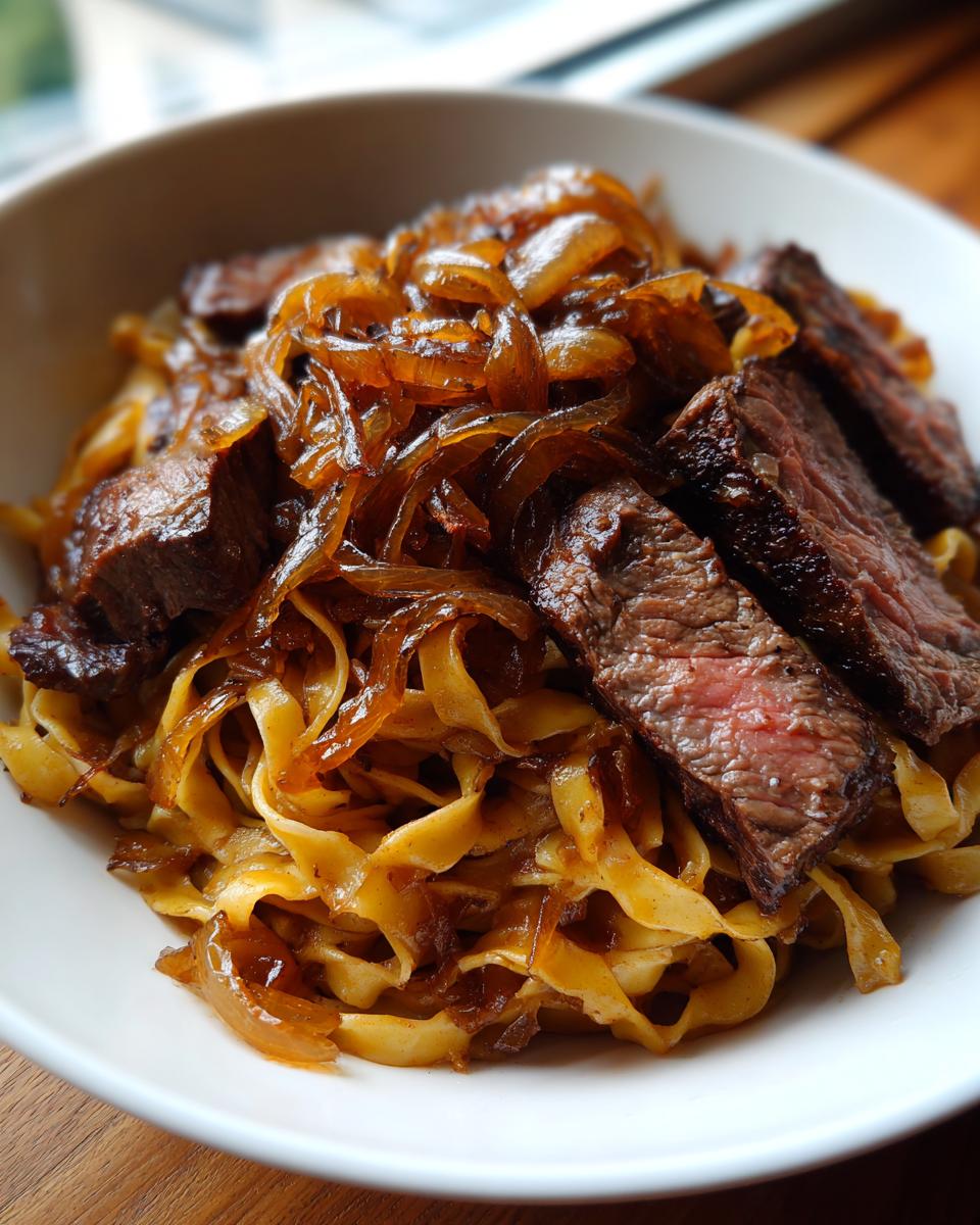 Nahaufnahme von Pasta mit Steak und reichlich karamellisierten Zwiebeln in einer weißen Schüssel.