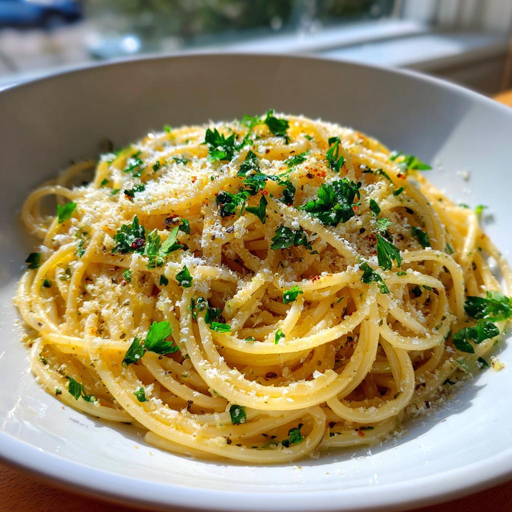 Nahaufnahme von leckerer Pasta mit Zitronenbutter, bestreut mit viel geriebenem Parmesan und frischer Petersilie.
