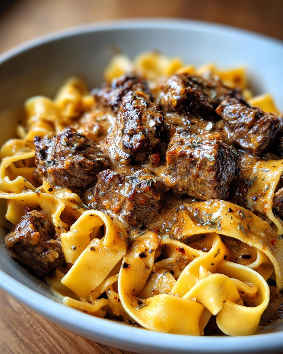 Nahaufnahme von Pasta mit Rinderfiletspitzen in Pfefferrahmsauce, üppig garniert.