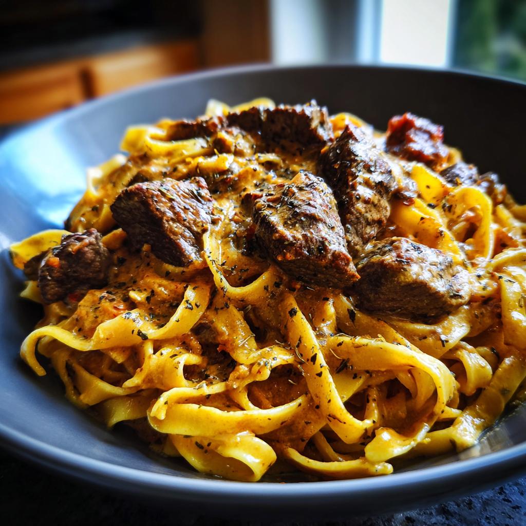 Nahaufnahme von Pasta mit Rinderfiletspitzen in Pfefferrahmsauce, üppig und appetitlich angerichtet.