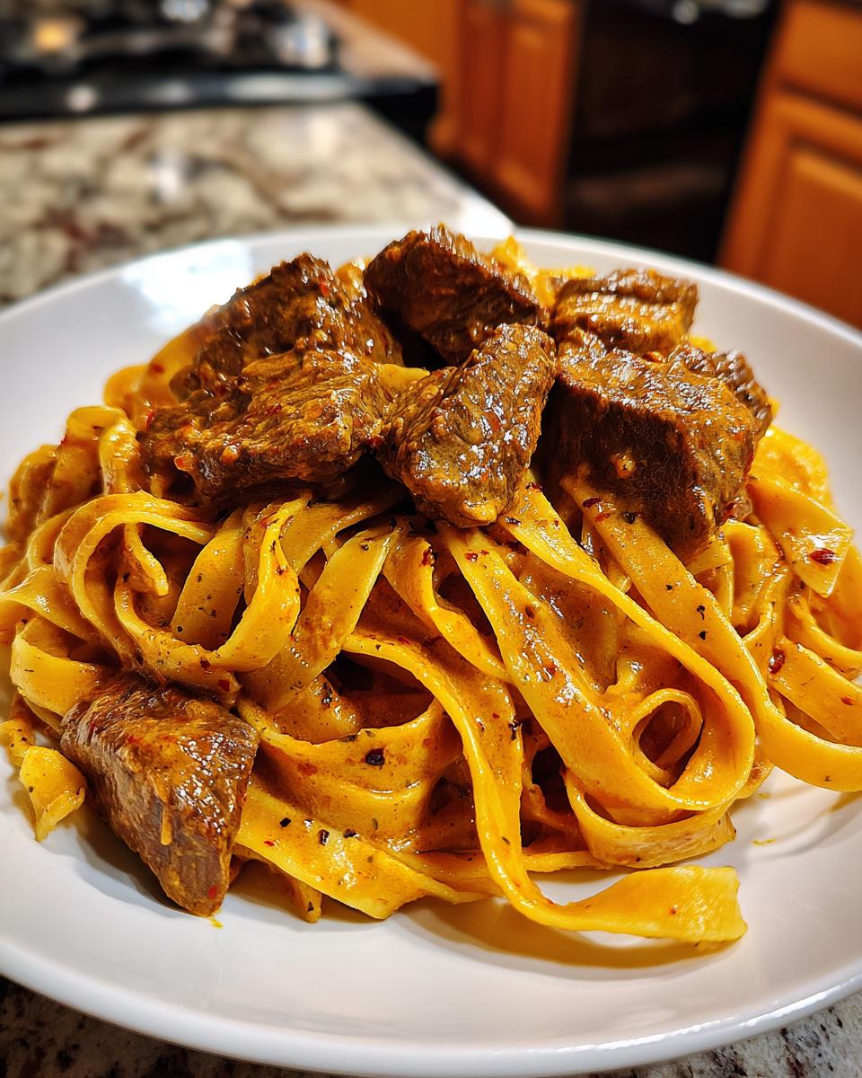 Nahaufnahme von Pasta mit Rinderfiletspitzen in Pfefferrahmsauce auf einem weißen Teller.