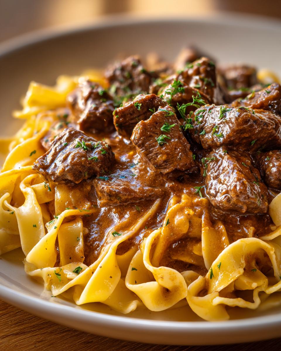 Nahaufnahme von Pasta mit Rinderfiletspitzen in Pfefferrahmsauce, garniert mit Petersilie.
