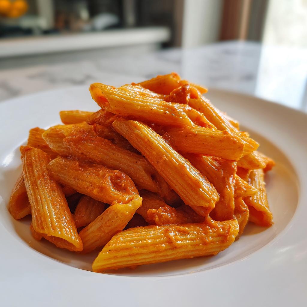 Nahaufnahme von Penne in Tomaten-Sahnesauce, cremig und leuchtend orange, auf einem weißen Teller angerichtet.
