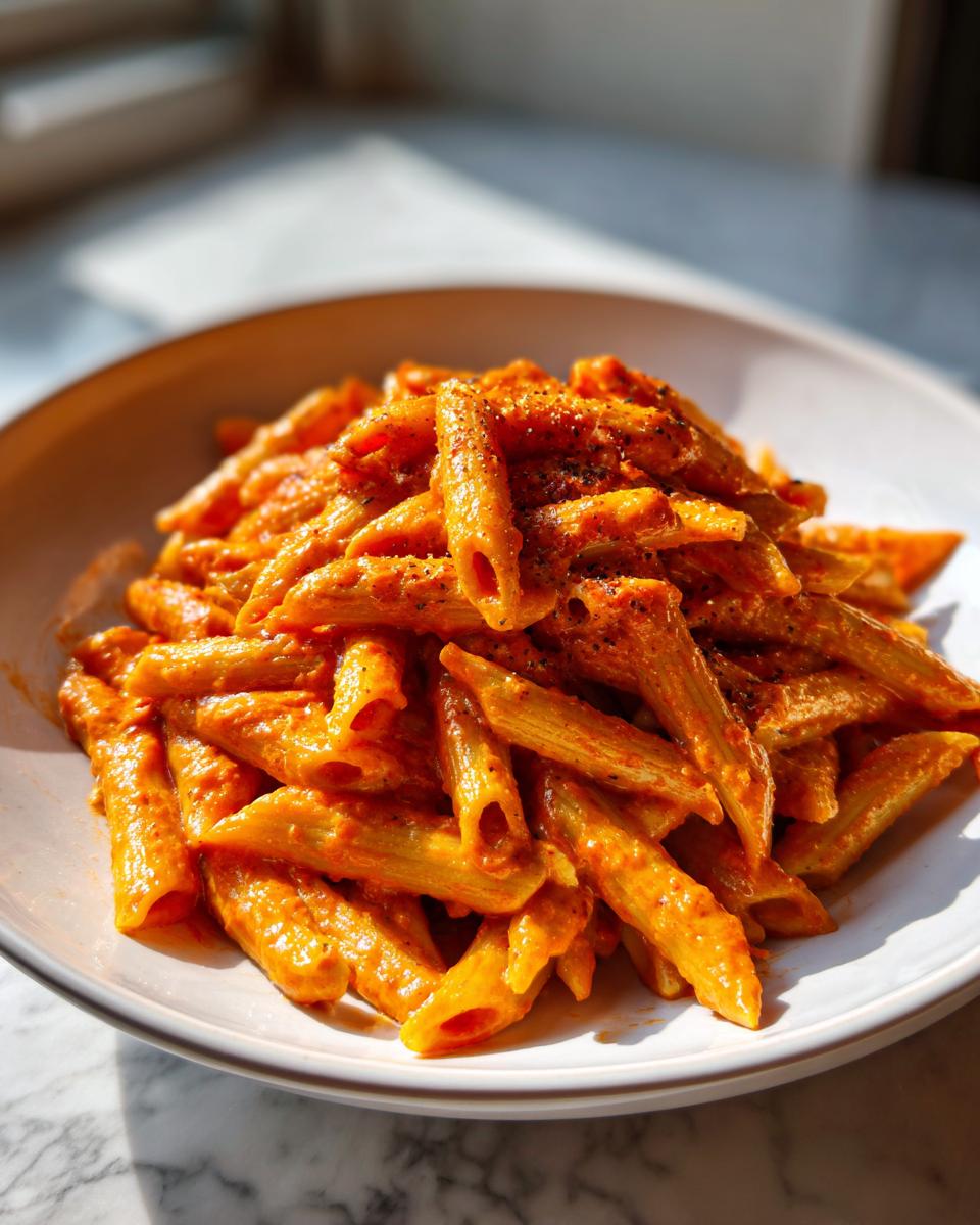 Ein Teller voller cremiger Penne in Tomaten-Sahnesauce, bestreut mit schwarzem Pfeffer.