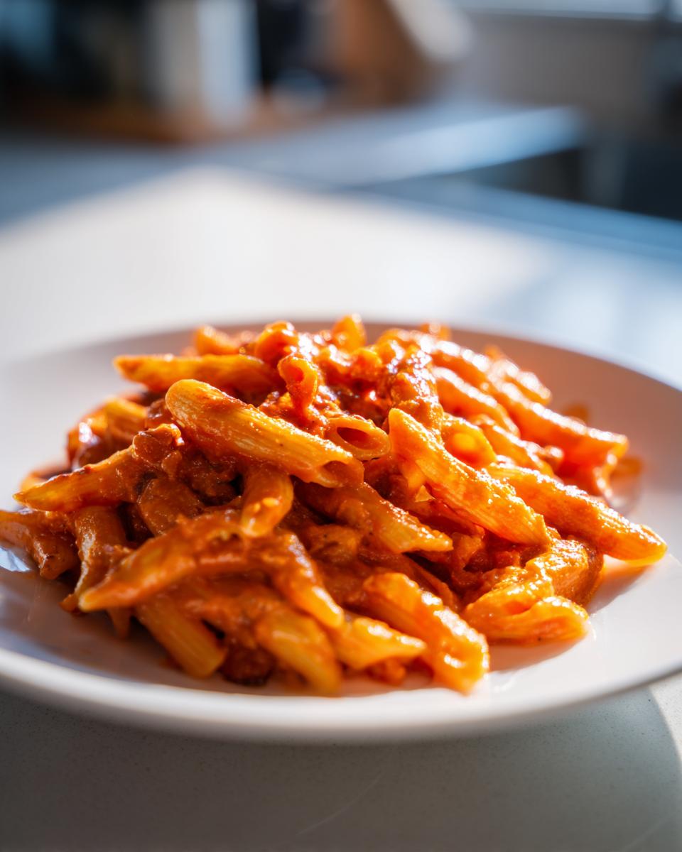 Nahaufnahme von Penne in cremiger Tomaten-Sahnesauce auf einem weißen Teller, bereit zum Genießen.