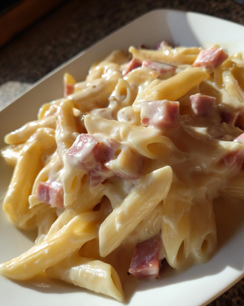 Nahaufnahme von Penne mit Schinken-Sahnesauce auf einem weißen Teller, die cremige Sauce umhüllt die Nudeln und Schinkenwürfel.