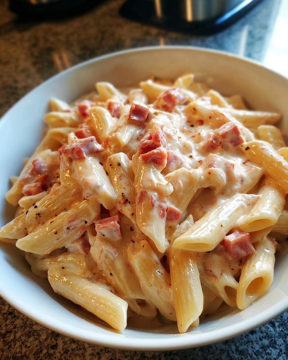 Nahaufnahme einer weißen Schüssel mit Penne mit Schinken-Sahnesauce, üppig und cremig.