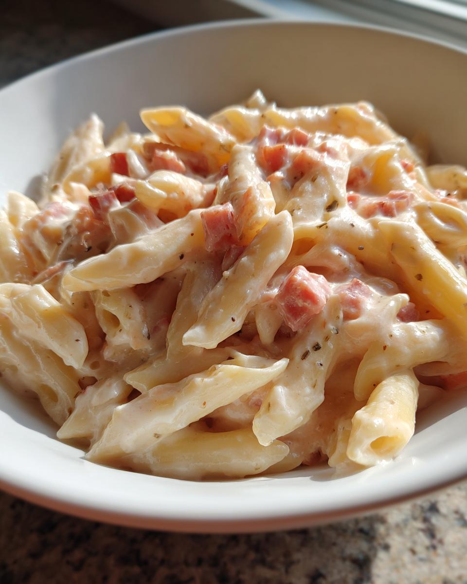 Nahaufnahme von Penne mit Schinken-Sahnesauce in einer weißen Schüssel, appetitlich angerichtet.