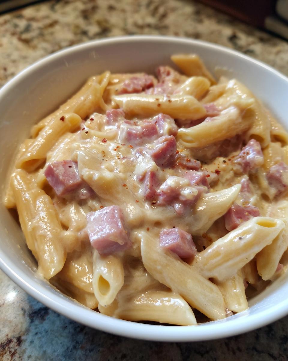 Nahaufnahme einer Schüssel Penne mit Schinken-Sahnesauce, reichhaltig und cremig.