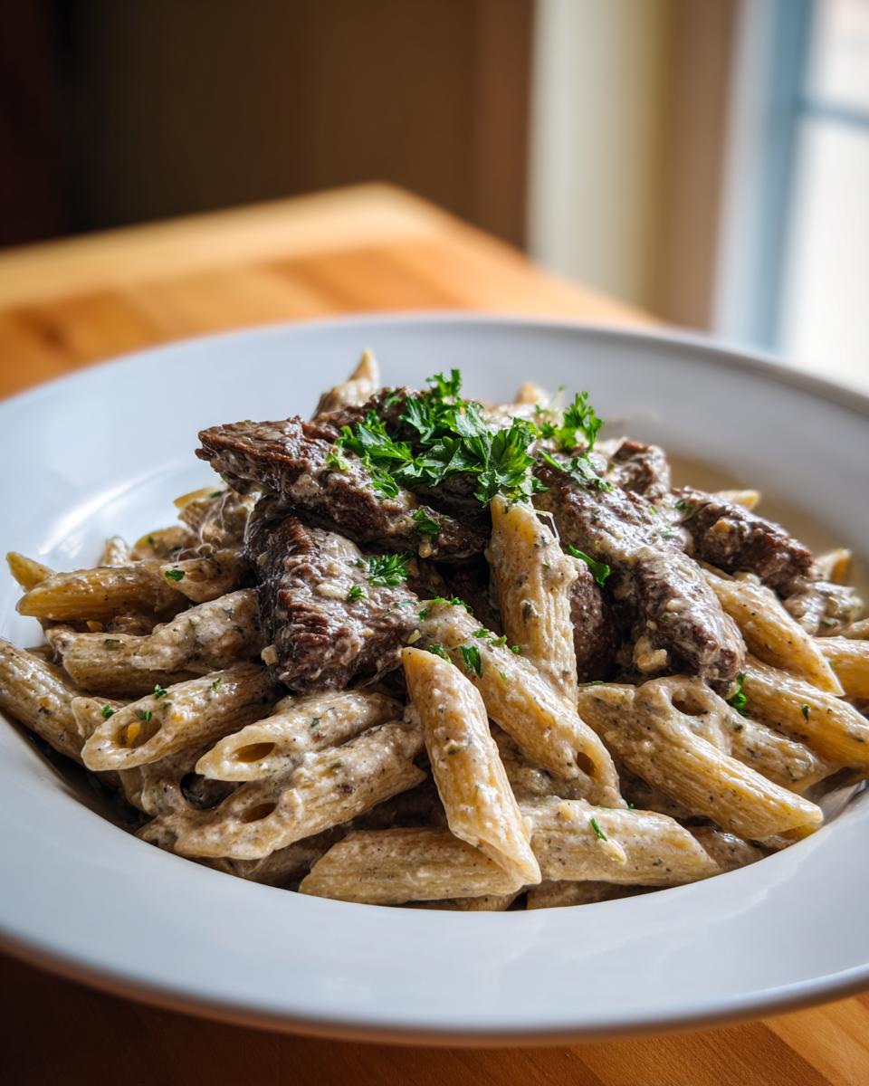Nahaufnahme von Penne mit Steak und cremiger Gorgonzola-Sahnesauce, garniert mit Petersilie.