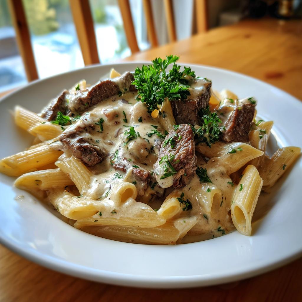 Ein Teller Penne mit Steak und Gorgonzola-Sahnesauce, garniert mit frischer Petersilie.
