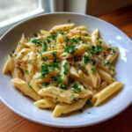 Nahaufnahme von Penne mit Zwiebel-Sahne-Sauce, üppig mit Petersilie garniert.
