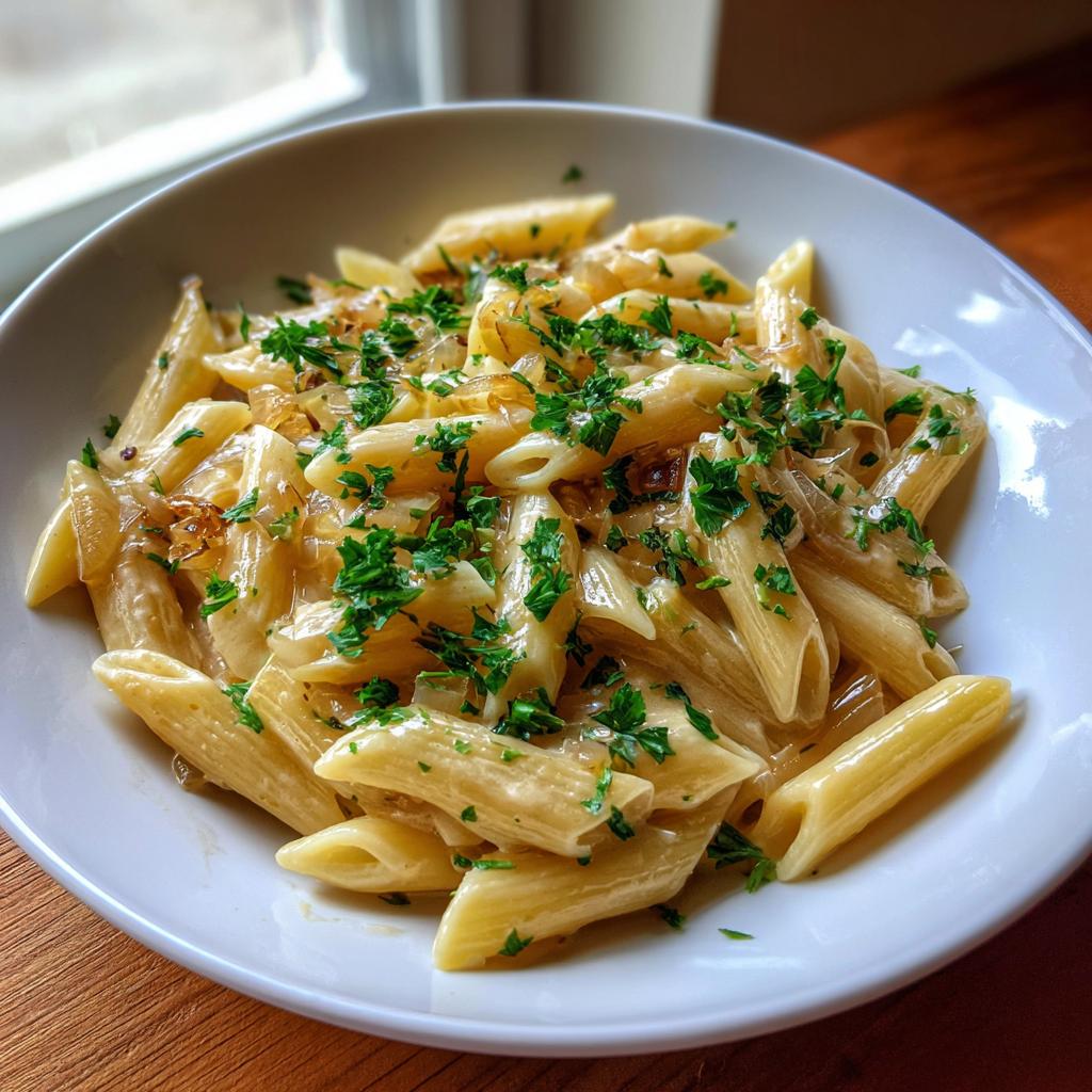 Nahaufnahme von Penne mit Zwiebel-Sahne-Sauce, üppig mit Petersilie garniert.