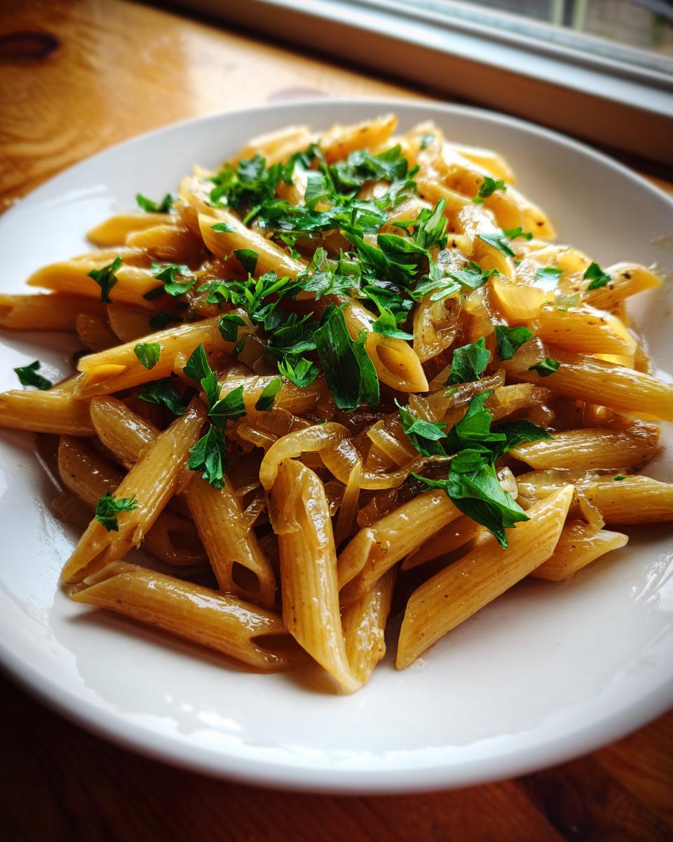 Nahaufnahme von Penne mit Zwiebel-Sahne-Sauce, garniert mit frischer Petersilie auf einem weißen Teller.