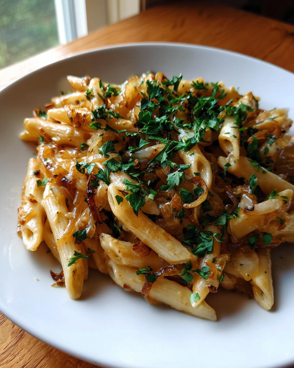 Ein Teller Penne mit Zwiebel-Sahne-Sauce, bedeckt mit karamellisierten Zwiebeln und frischer Petersilie.