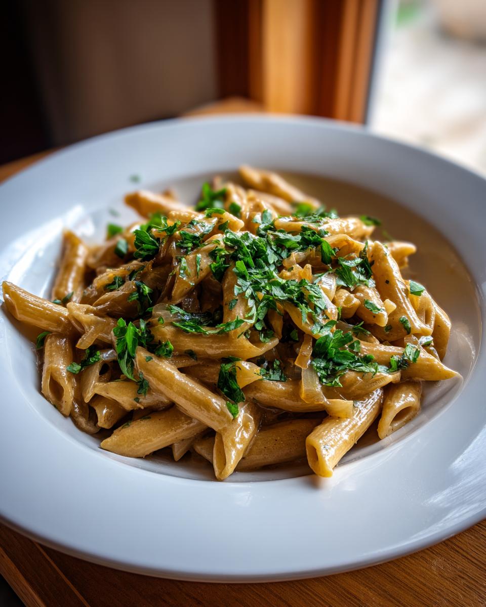 Nahaufnahme von Penne mit Zwiebel-Sahne-Sauce, garniert mit frischer Petersilie in einem weißen Teller.