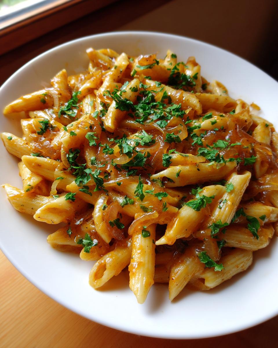 Nahaufnahme von Penne mit Zwiebel-Sahne-Sauce, reichlich garniert mit frischer Petersilie.