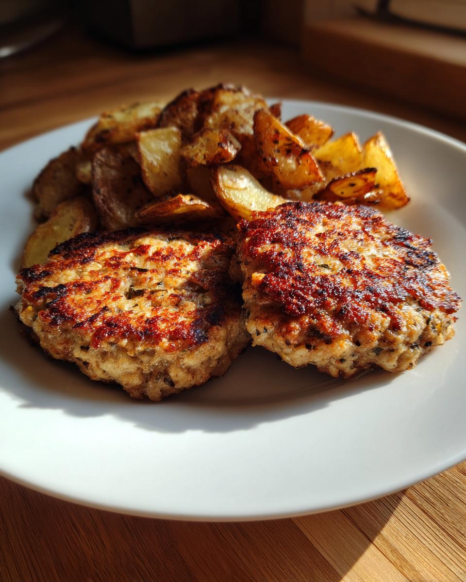 Zwei goldbraun gebratene Frikadellen mit einer Portion knuspriger Bratkartoffeln auf einem weißen Teller.