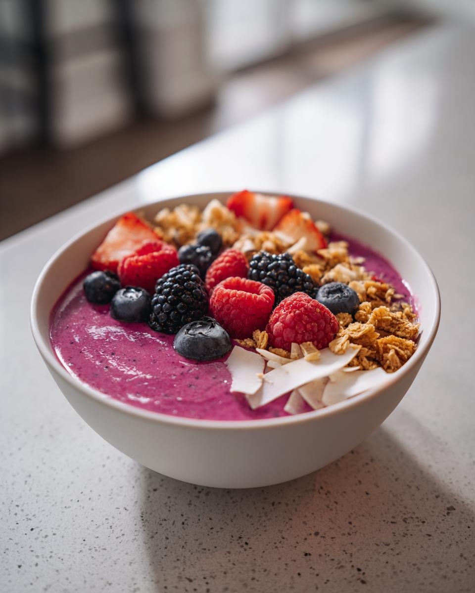 Nahaufnahme einer leuchtend pinken Pink-Dragonfruit-Smoothie-Bowl, garniert mit Beeren und Granola.