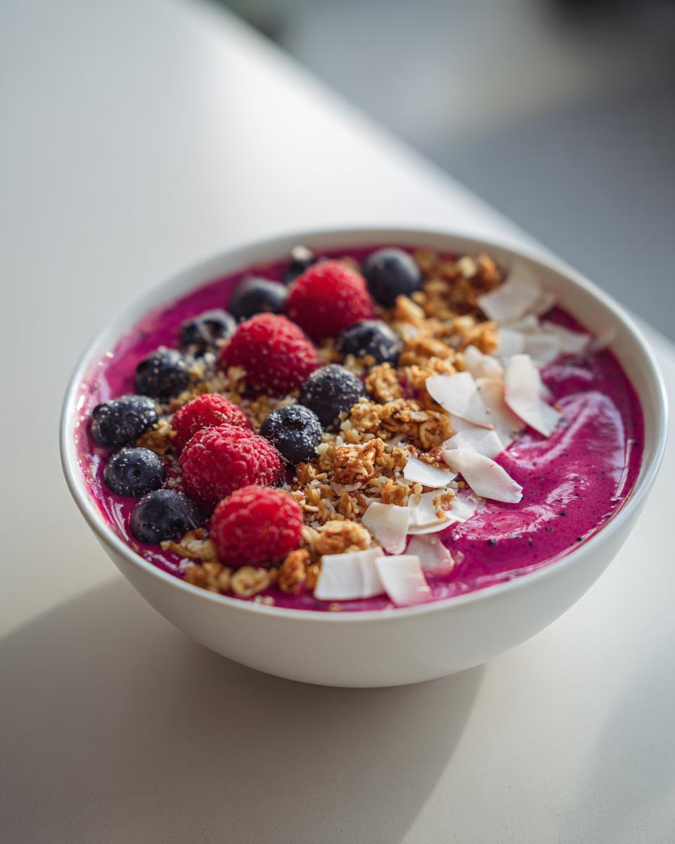 Nahaufnahme einer leuchtend pinken Pink-Dragonfruit-Smoothie-Bowl, garniert mit Himbeeren, Blaubeeren und Kokoschips.