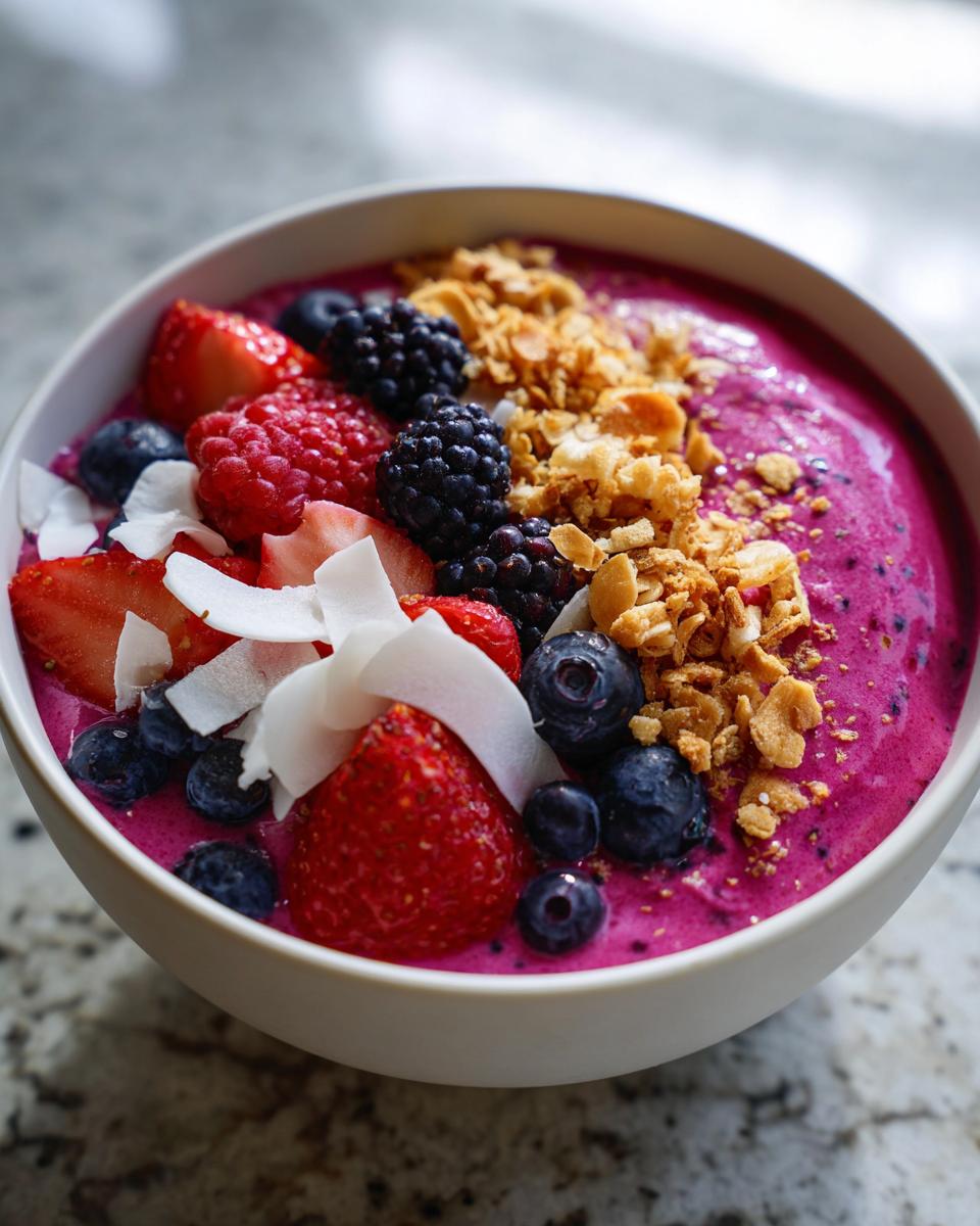 Nahaufnahme einer leuchtend pinken Pink-Dragonfruit-Smoothie-Bowl, garniert mit frischen Erdbeeren, Blaubeeren, Brombeeren und Kokoschips.