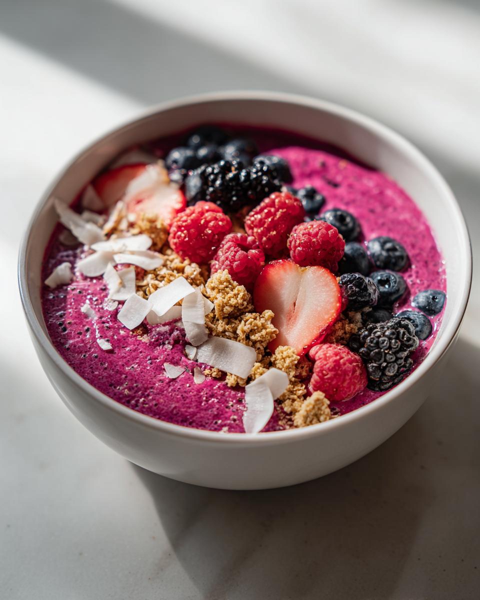 Nahaufnahme einer leuchtend pinken Pink-Dragonfruit-Smoothie-Bowl, garniert mit Beeren und Kokoschips.