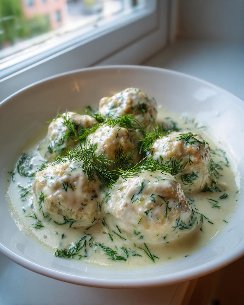 Nahaufnahme von Polnische Hackbällchen in Dillsauce, üppig mit frischem Dill garniert.