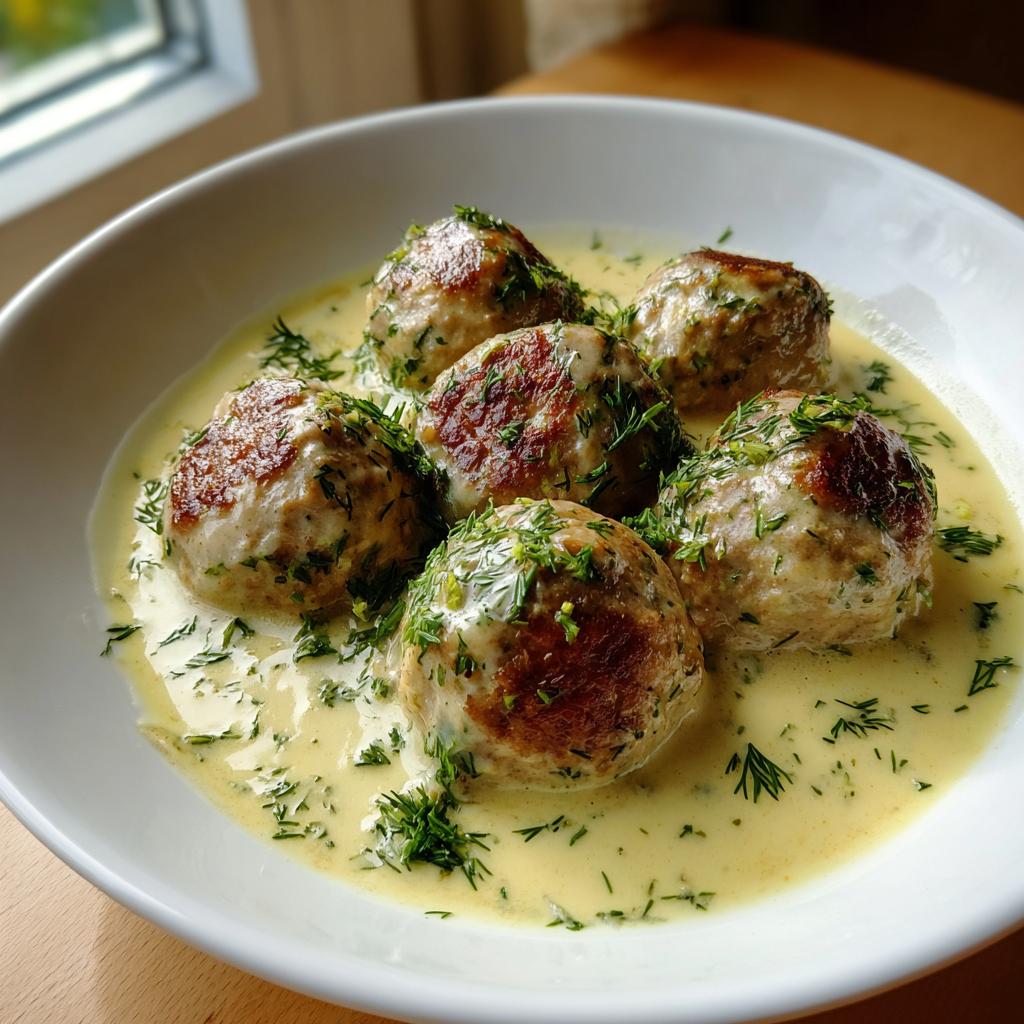 Fünf saftige Polnische Hackbällchen in einer cremigen, hellgelben Dillsauce, reichlich mit frischem Dill garniert.