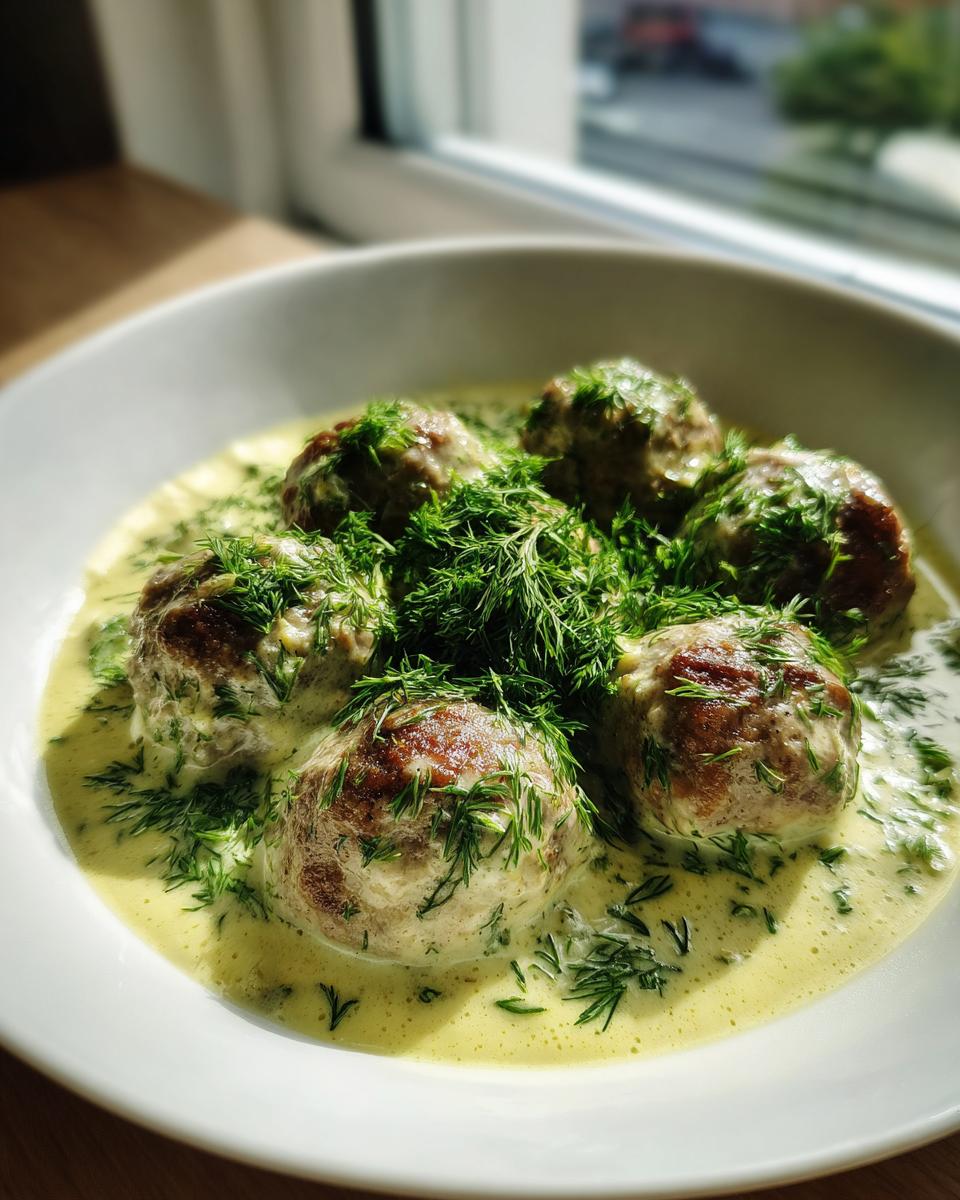Fünf saftige Polnische Hackbällchen in cremiger, hellgelber Dillsauce, reichlich mit frischem Dill garniert.