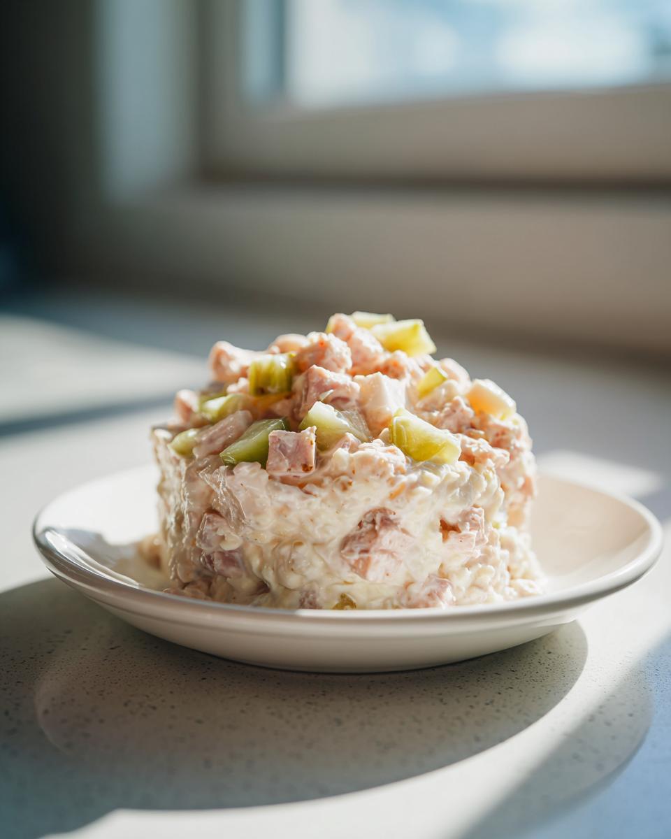 Ein kleiner, appetitlicher Turm von hausgemachtem Fleischsalat mit Gurkenstückchen auf einem weißen Teller.