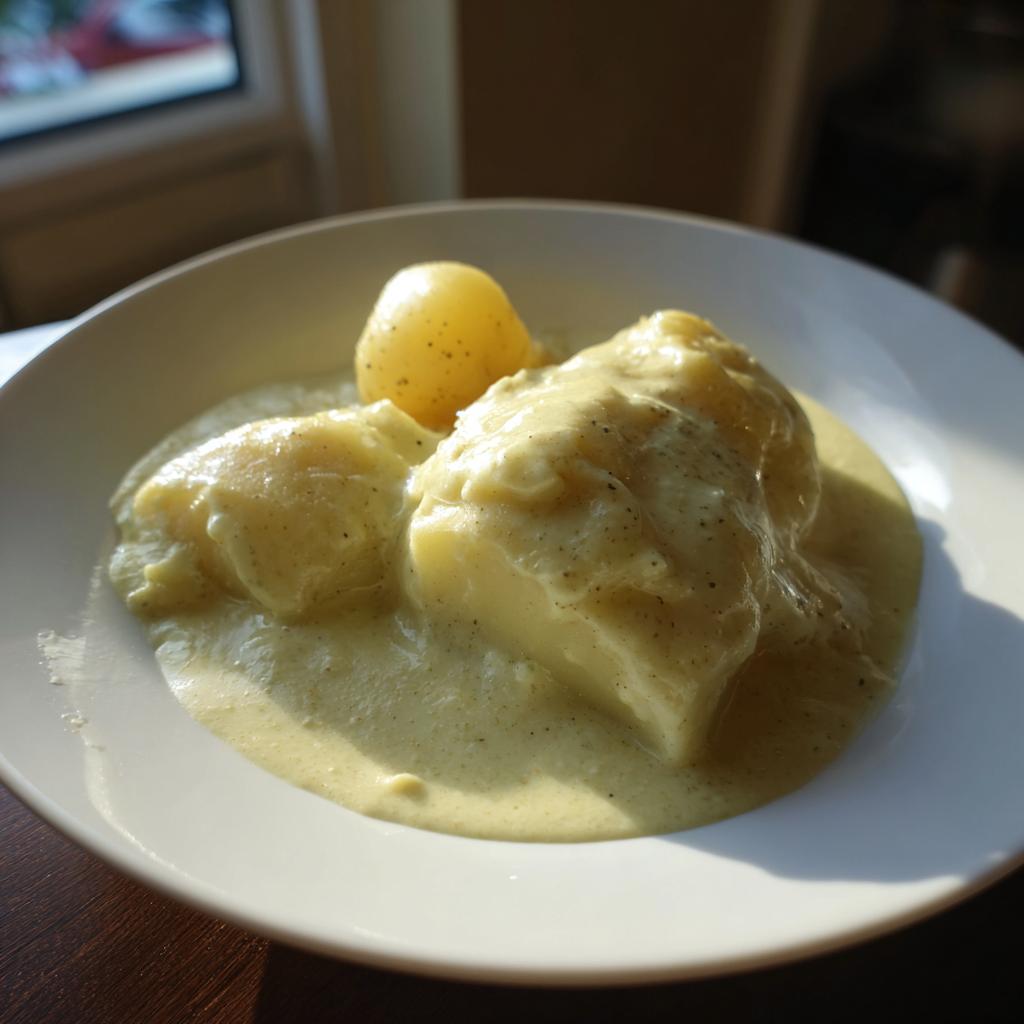 Nahaufnahme von Rahmkohlrabi mit Kartoffeln in einer hellen Rahmsauce auf einem weißen Teller.