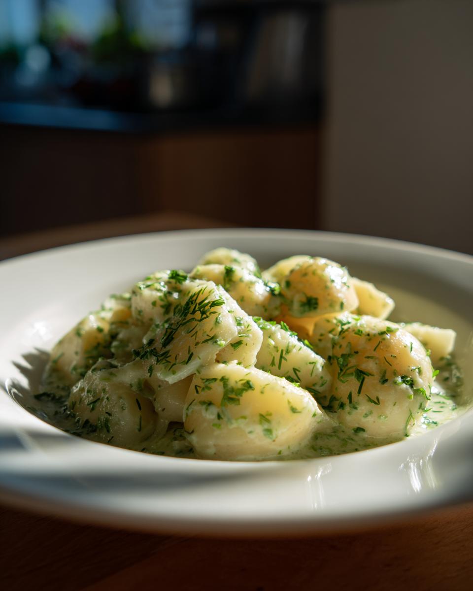 Nahaufnahme von Rahmkohlrabi mit Kartoffeln in cremiger Soße und frischem Dill.