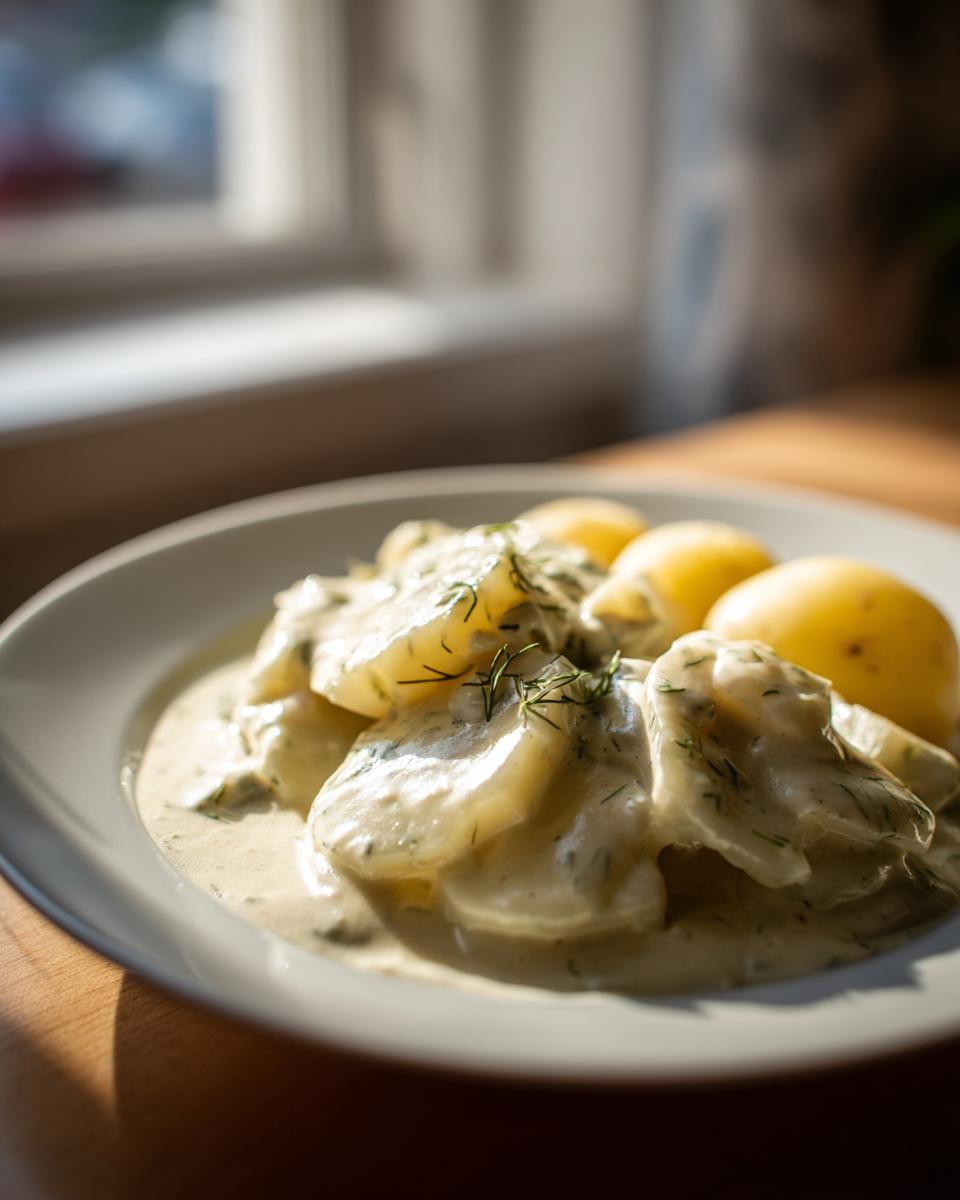 Teller mit Rahmkohlrabi mit Kartoffeln, bedeckt mit einer hellen Dill-Sahnesoße.