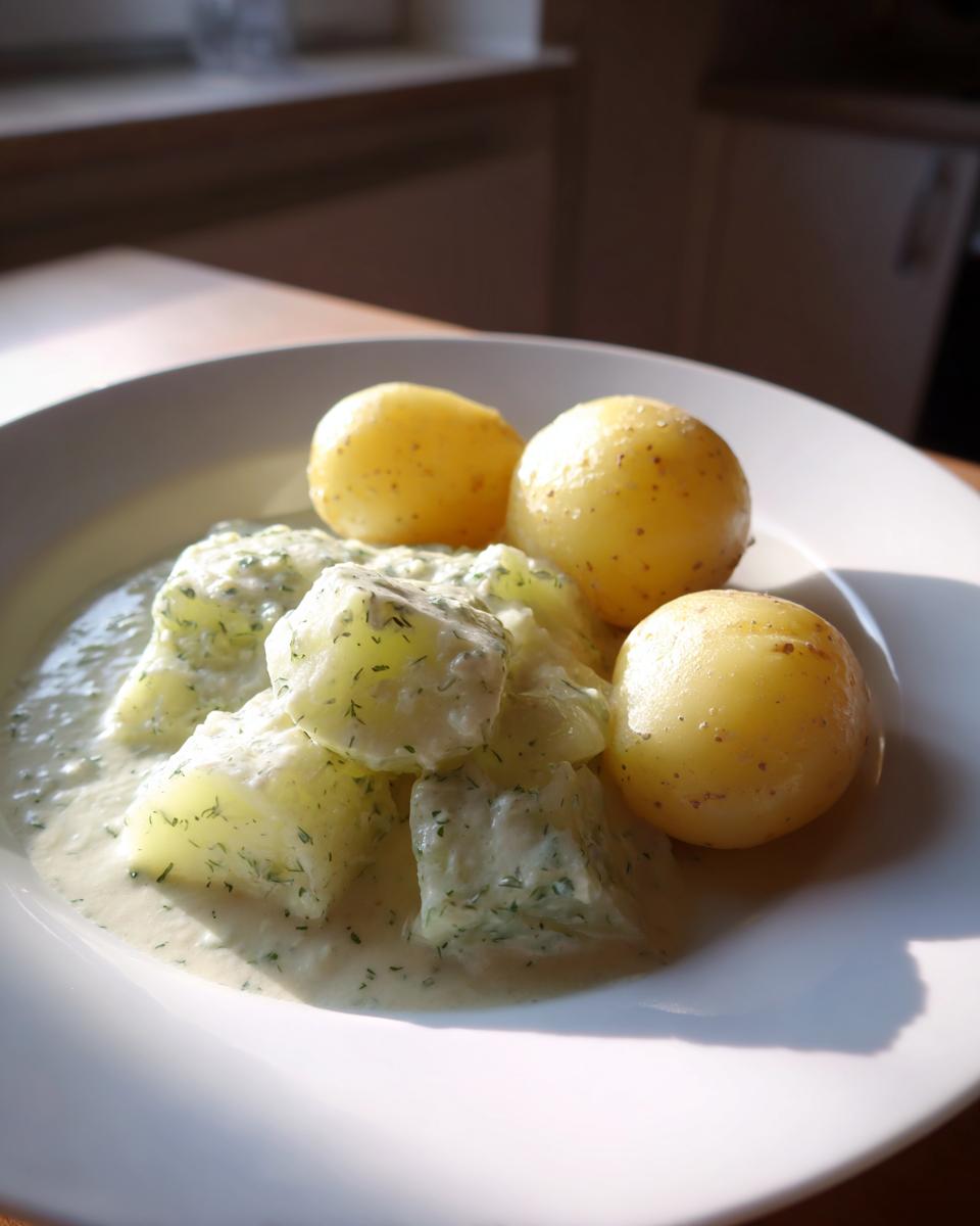 Teller mit Rahmkohlrabi mit Kartoffeln, bedeckt mit einer hellen Kräutersauce.