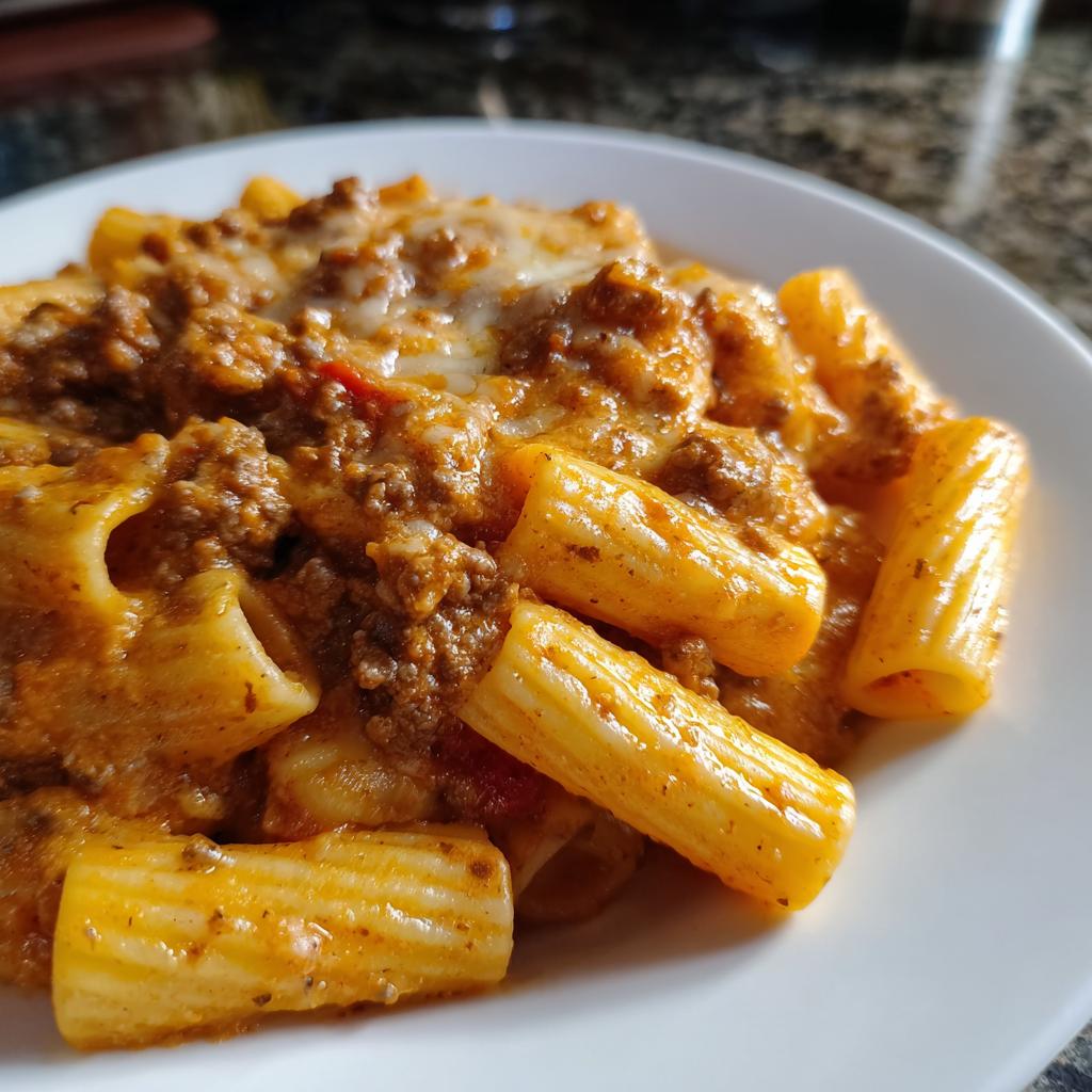 Teller mit cremigen Rigatoni mit Hackfleisch-Käsesauce und geschmolzenem Käse.