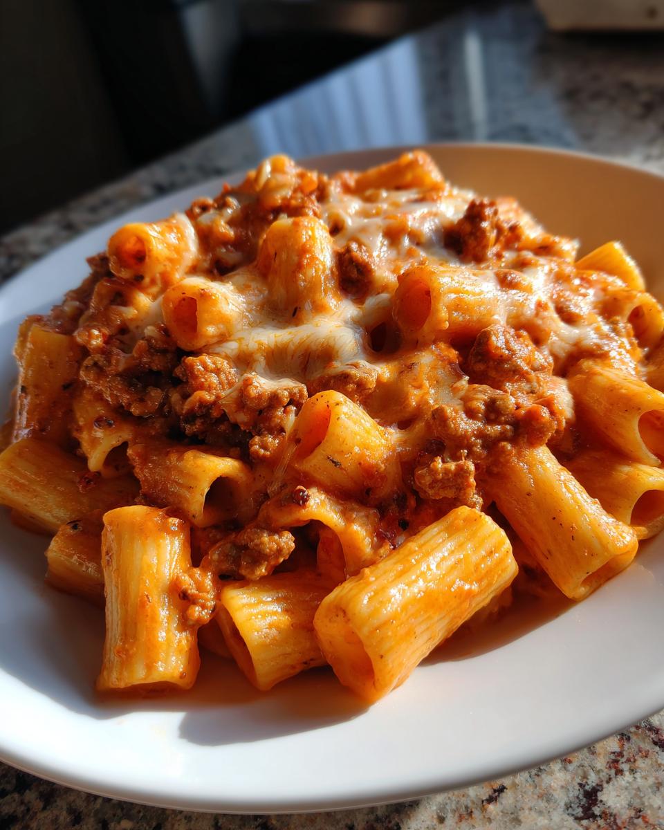Teller mit cremigen Rigatoni mit Hackfleisch-Käsesauce und geschmolzenem Käse.