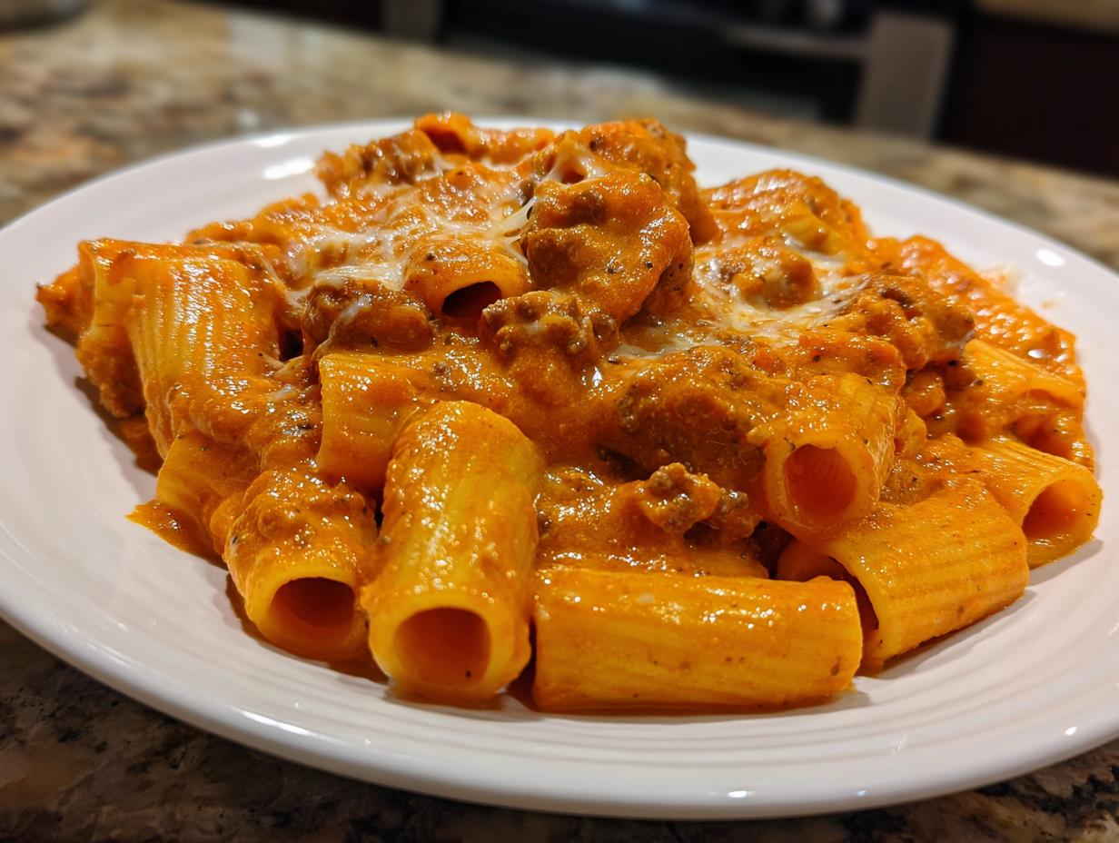 Ein Teller voll cremiger Rigatoni mit Hackfleisch-Käsesauce, überbacken mit geschmolzenem Käse.