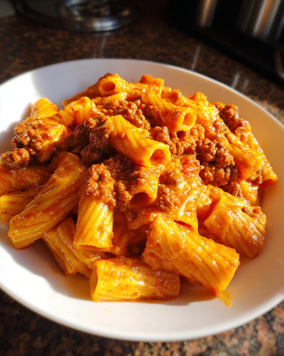 Teller mit cremigem Rigatoni mit Hackfleisch-Käsesauce, appetitlich angerichtet und warm.