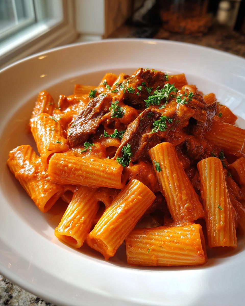 Nahaufnahme von Rigatoni mit Steakstreifen in Tomaten-Sahne-Sauce, garniert mit Petersilie.