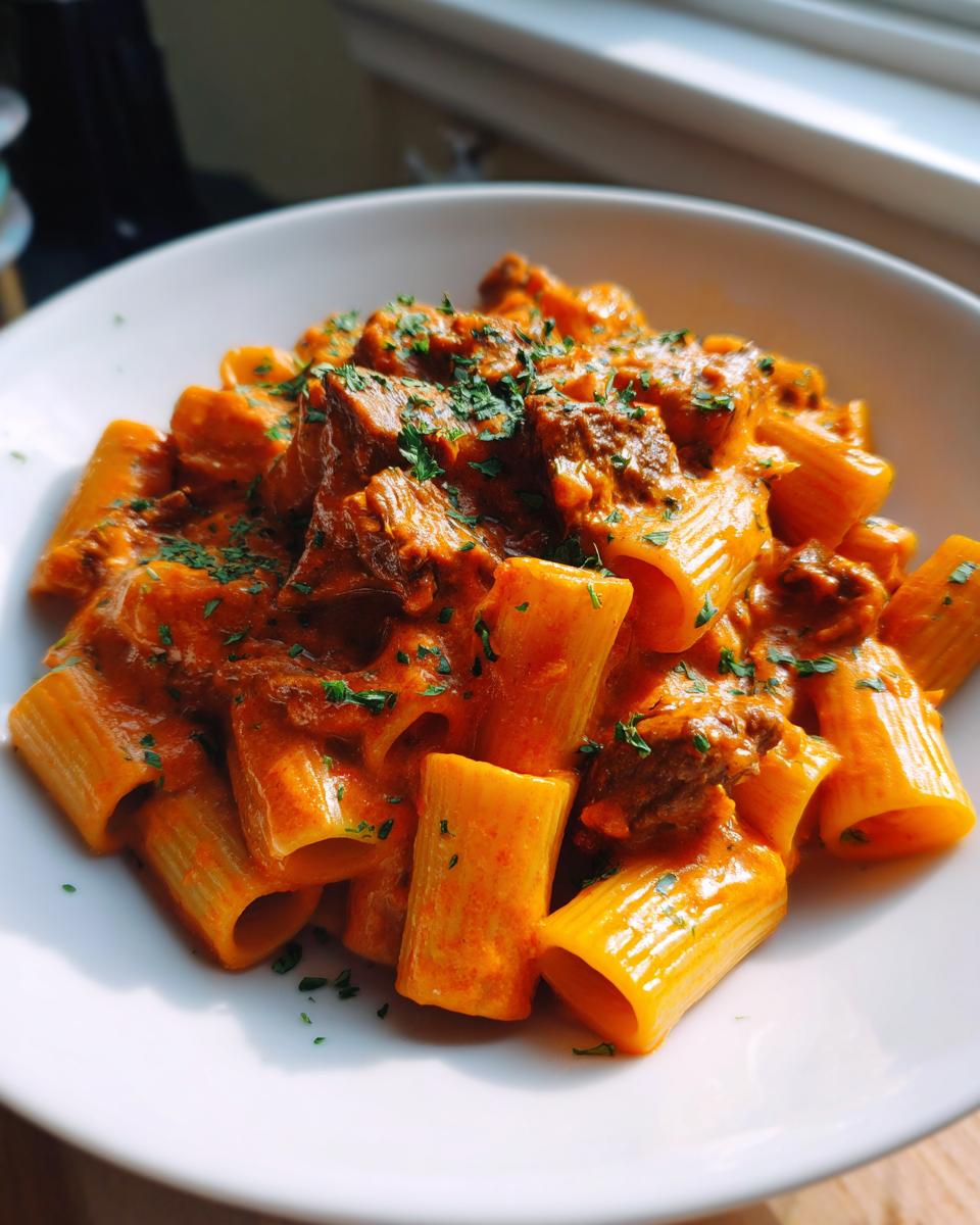 Nahaufnahme von Rigatoni mit Steakstreifen in Tomaten-Sahne-Sauce, garniert mit Petersilie.